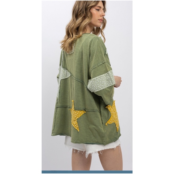 Bluevelvet Olive Green Raw Detail Star Patch Loose Fit Short Sleeve Top - Picture 9 of 10